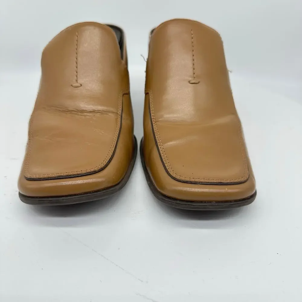 Apostrophe Cognac Block Heel Leather Square Toe Mule Womens Size 7 Y2K Vintage